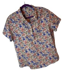 LL Bean Womens Short Sleeve Ditsy Floral Shirt 100% Cotton White Blue Coral XL